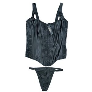 Victorias Secret Archives Black Floral Burnout Corset Top Thong Set M-DD NWT